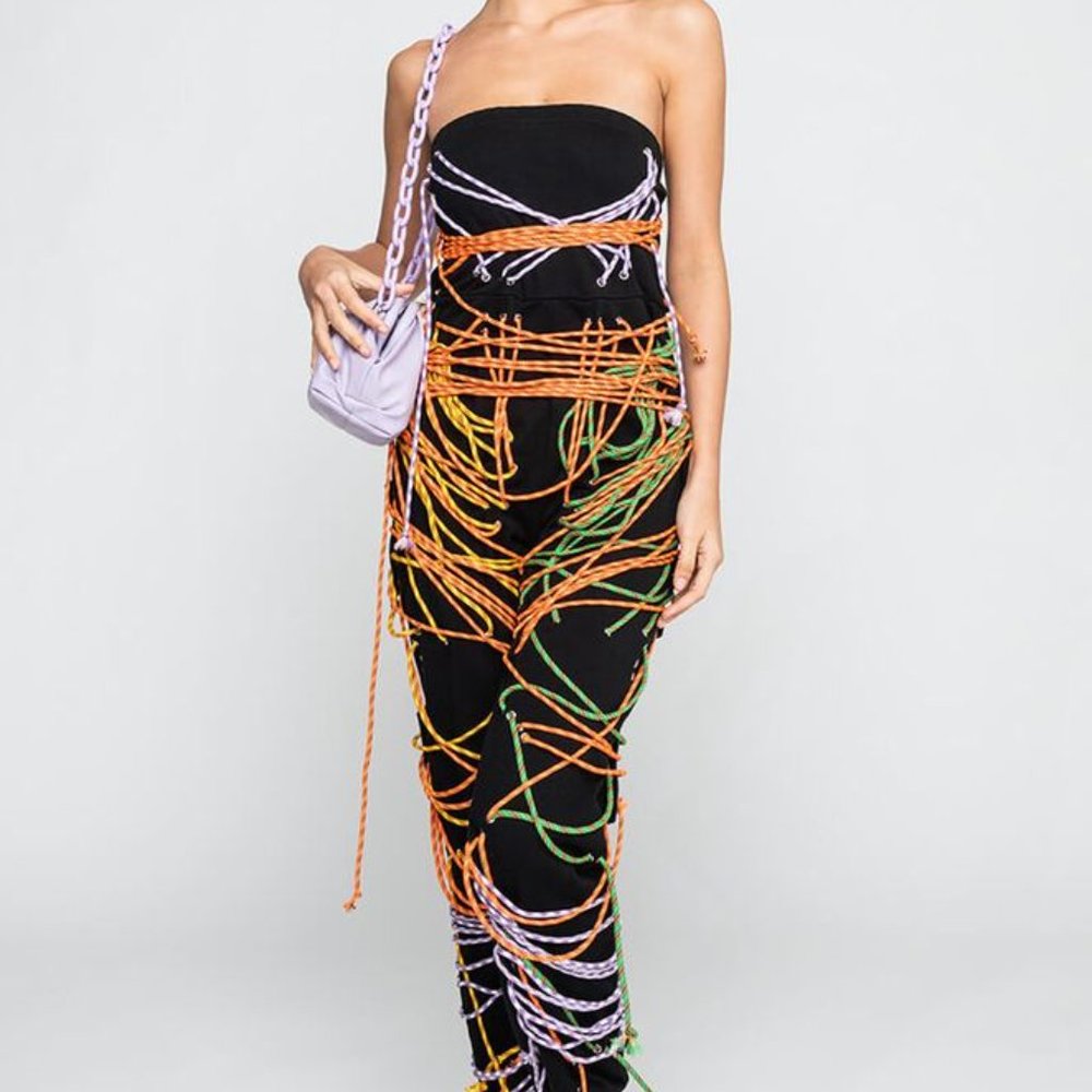 AKIRA NO STRINGS ATTACHED LACE UP JUMPSUIT SIZE: SMALL - Picture 1 of 8